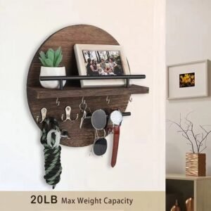 Wall Mounted Retro Wooden Shelf Round Floating Shelf Storage Rack Solid Wood Entryway Decorative Rack Hallway Key Holder