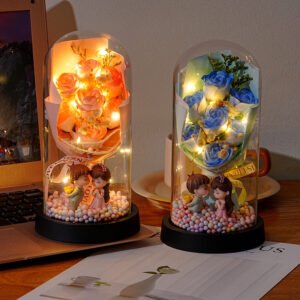 Eternal Rose Flower Bouquet Glass Dome Night Light Decoration Dried Flowers Baby's Breath Valentine's Day Gift for Her