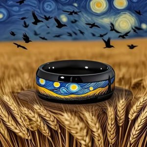 Copper-Finished Vibrant Blue and Yellow Artistic Stainless Steel 8mm Black Bead Van Gogh Star and Moon