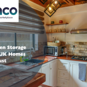 Modern compact British kitchen with integrated storage cabinets and pull-out pantry units